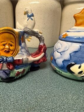 Hand-Painted Ceramic Sun & Moon Sugar Bowl Set — Blue, Yellow, Red